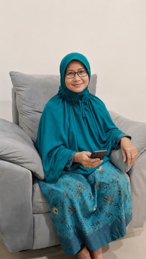 Bapak usia 50-an tersenyum sambil melihat smartphone di teras rumah